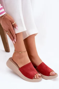Panto Fino Zamszowe Klapki Damskie Na Koturnie RR267040 Czerwone