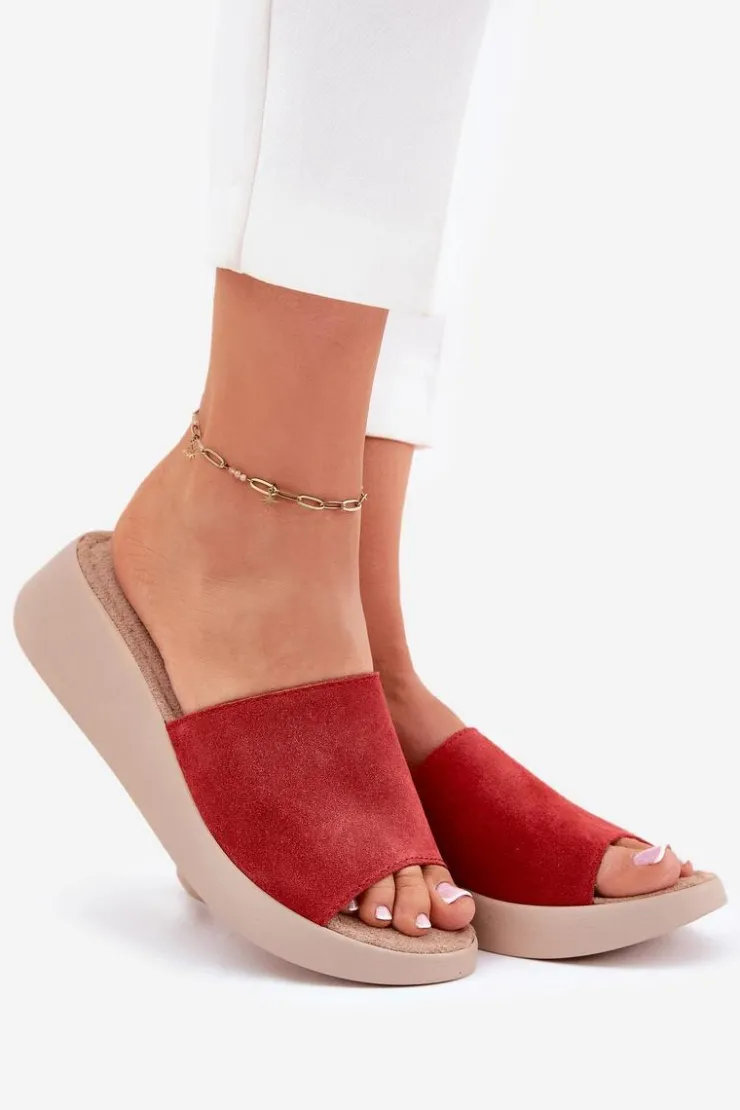Panto Fino Zamszowe Klapki Damskie Na Koturnie RR267040 Czerwone