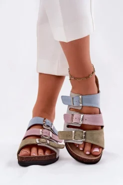 Panto Fino Klapki Damskie Klasyczne*Zamszowe Klapki Damskie Z Klamrami RR267034 Niebieskie