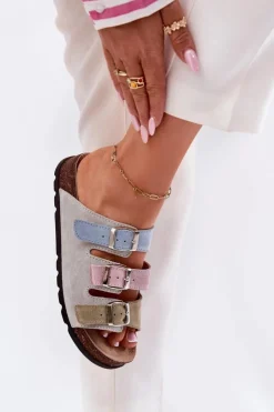 Panto Fino Klapki Damskie Klasyczne*Zamszowe Klapki Damskie Z Klamrami RR267034 Niebieskie