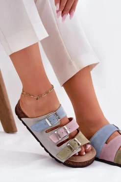 Panto Fino Klapki Damskie Klasyczne*Zamszowe Klapki Damskie Z Klamrami RR267034 Niebieskie