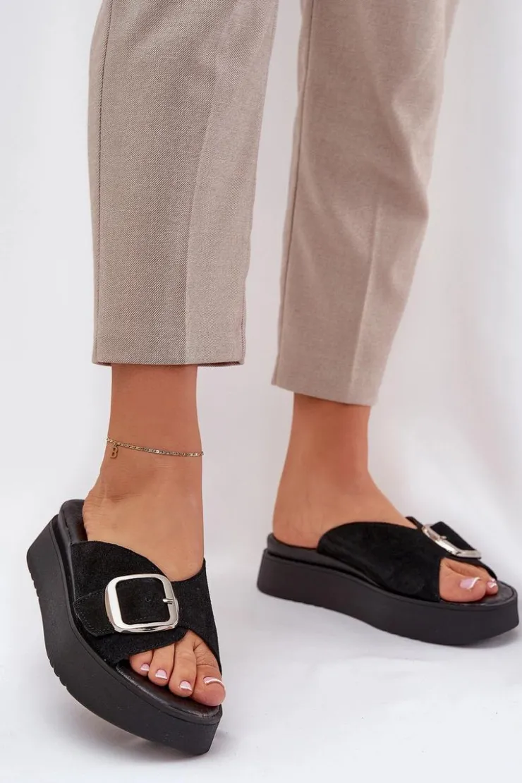 Damskie Zazoo Zamszowe Klapki Damskie Z Klamrą Na Platformie 3019 Czarne