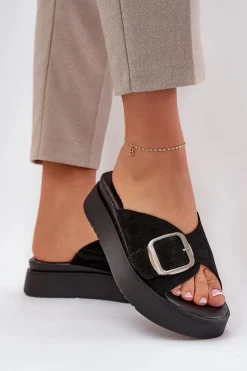 Damskie Zazoo Zamszowe Klapki Damskie Z Klamrą Na Platformie 3019 Czarne
