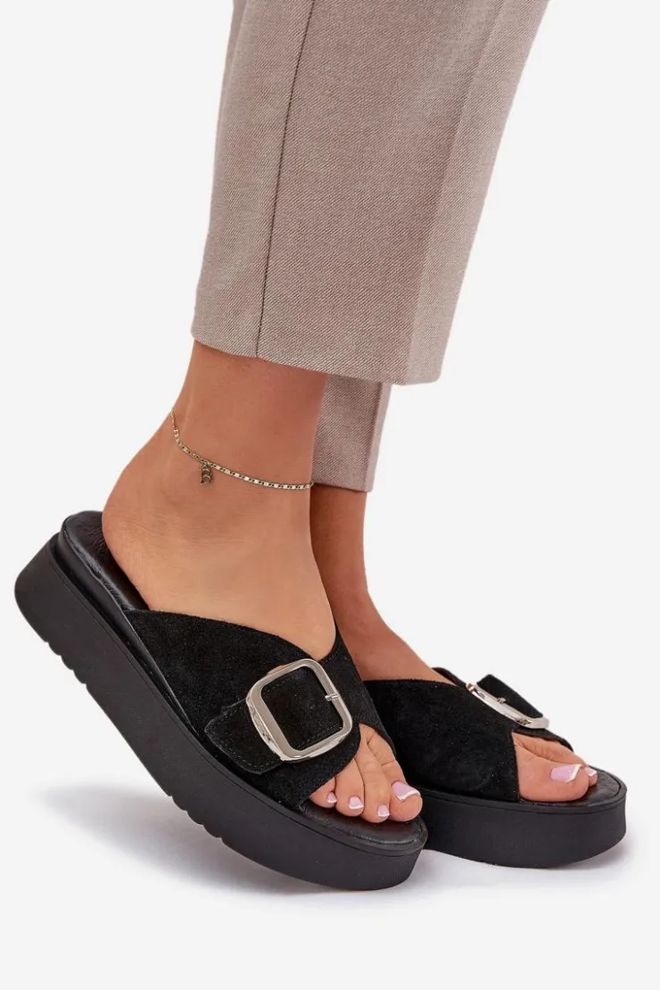 Damskie Zazoo Zamszowe Klapki Damskie Z Klamrą Na Platformie 3019 Czarne