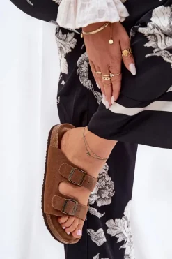 Big Star Shoes Klapki Damskie Big Star|Klapki Damskie Klasyczne*Zamszowe Klapki Damskie Z Klamrami Big Star RR274A394 Brązowe Brązowy