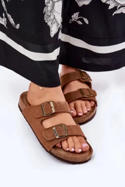 Big Star Shoes Klapki Damskie Big Star|Klapki Damskie Klasyczne*Zamszowe Klapki Damskie Z Klamrami Big Star RR274A394 Brązowe Brązowy