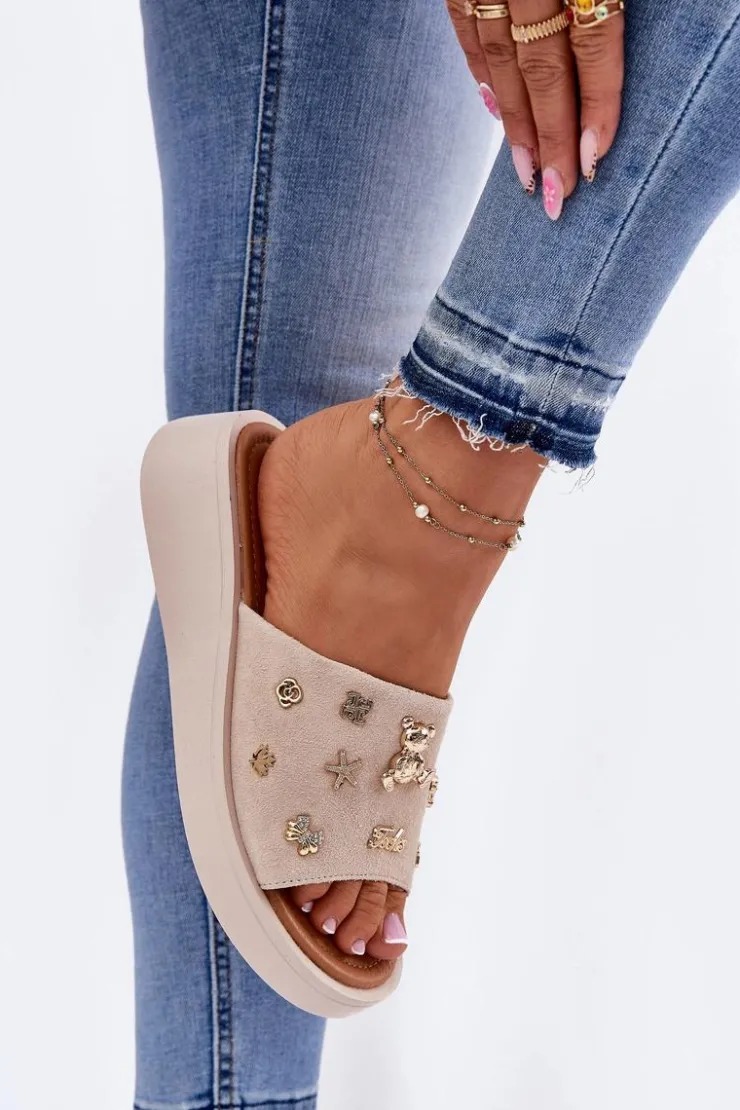 Buty damskie Vinceza Klapki Na Platformie|Klapki Damskie Klasyczne*Zamszowe Klapki Damskie Z Przypinkami Vinceza 66741 Beżowe Beżowy