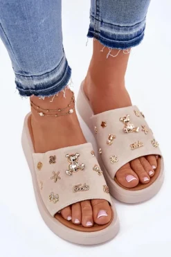 Buty damskie Vinceza Klapki Na Platformie|Klapki Damskie Klasyczne*Zamszowe Klapki Damskie Z Przypinkami Vinceza 66741 Beżowe Beżowy