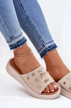 Buty damskie Vinceza Klapki Na Platformie|Klapki Damskie Klasyczne*Zamszowe Klapki Damskie Z Przypinkami Vinceza 66741 Beżowe Beżowy