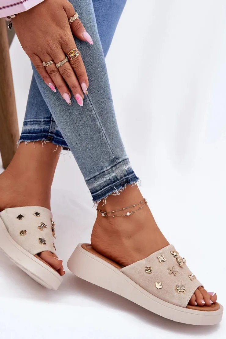 Buty damskie Vinceza Klapki Na Platformie|Klapki Damskie Klasyczne*Zamszowe Klapki Damskie Z Przypinkami Vinceza 66741 Beżowe Beżowy