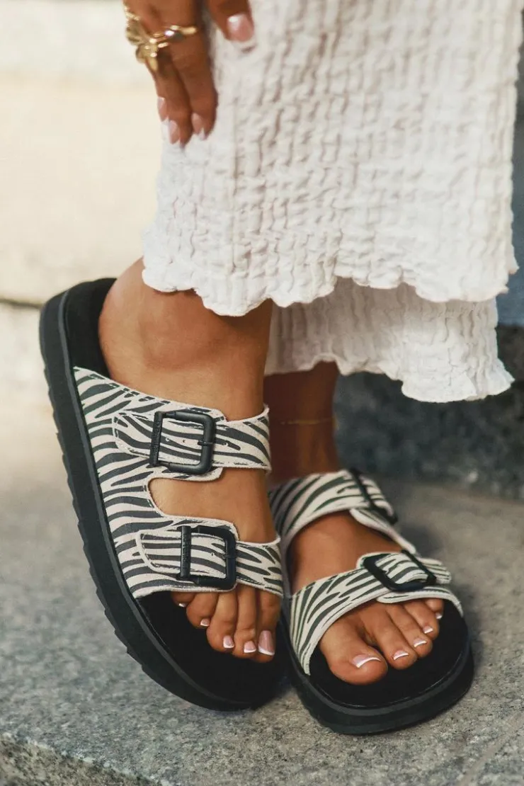 Outlet D.Franklin Zamszowe Klapki Damskie Z Klamrami DFSH405002 Zebra