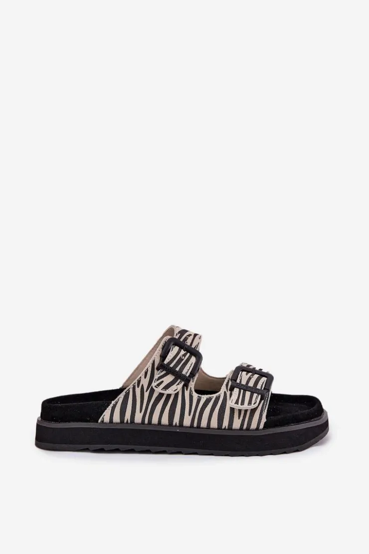Outlet D.Franklin Zamszowe Klapki Damskie Z Klamrami DFSH405002 Zebra