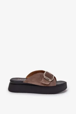 Hot Zazoo Zamszowe Klapki Damskie Z Klamrą Na Platformie 3019 Brązowe Brązowy