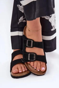 Hot Big Star Shoes Zamszowe Klapki Damskie Z Klamrami Big Star RR274A390 Czarne Czarny