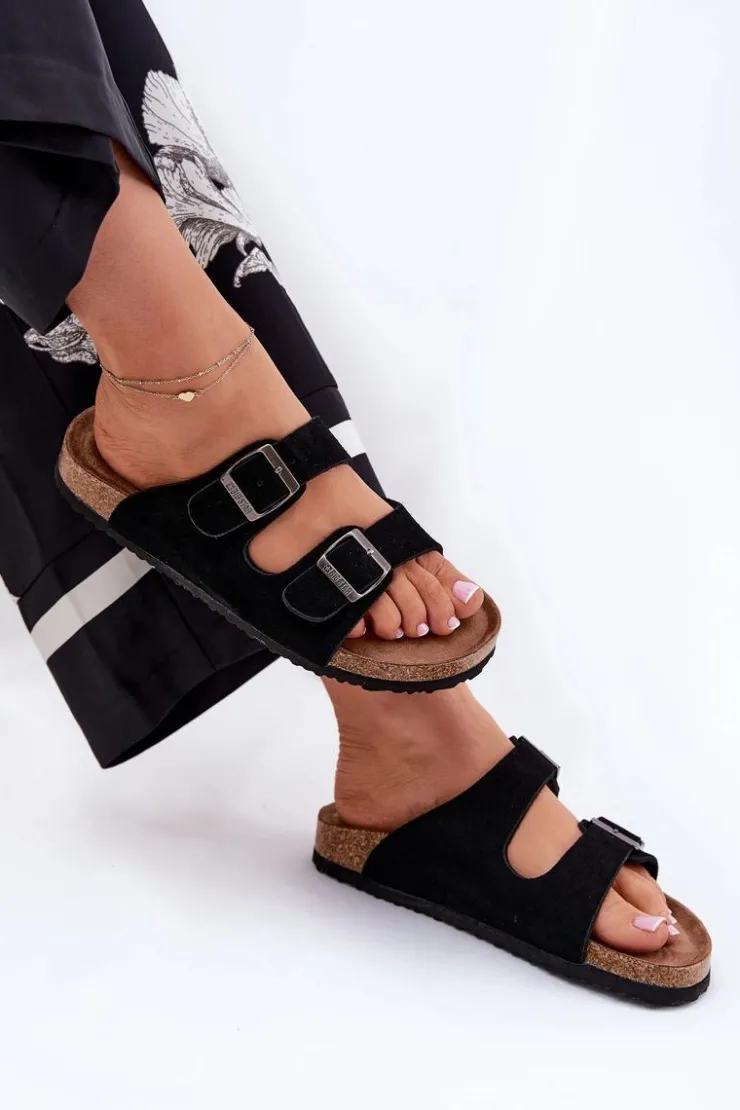 Hot Big Star Shoes Zamszowe Klapki Damskie Z Klamrami Big Star RR274A390 Czarne Czarny