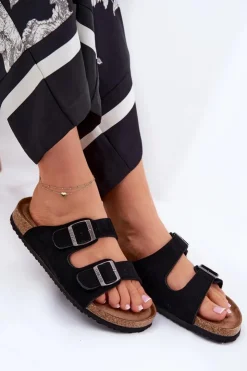 Hot Big Star Shoes Zamszowe Klapki Damskie Z Klamrami Big Star RR274A390 Czarne Czarny