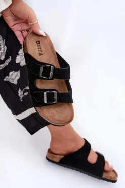 Hot Big Star Shoes Zamszowe Klapki Damskie Z Klamrami Big Star RR274A390 Czarne Czarny