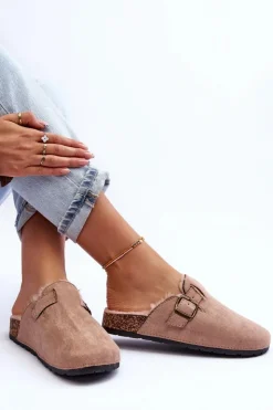 Damskie Boto Zamszowe Klapki Damskie Z Futerkiem Beżowe Haidamia