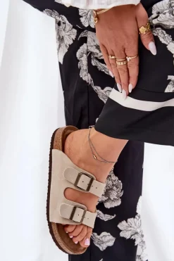 Damskie Big Star Shoes Zamszowe Klapki Damskie Z Klamrami Big Star RR274A391 Beżowe