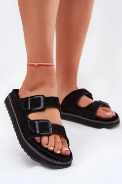 Damskie D.Franklin Zamszowe Klapki Damskie Z Klamrami DFSH405001 Czarne