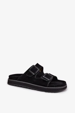 Damskie D.Franklin Zamszowe Klapki Damskie Z Klamrami DFSH405001 Czarne