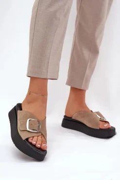 Zazoo Klapki Damskie Klasyczne*Zamszowe Klapki Damskie Z Klamrą Na Platformie 3019 Beżowe Beżowy