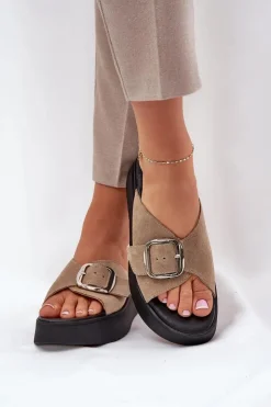 Zazoo Klapki Damskie Klasyczne*Zamszowe Klapki Damskie Z Klamrą Na Platformie 3019 Beżowe Beżowy