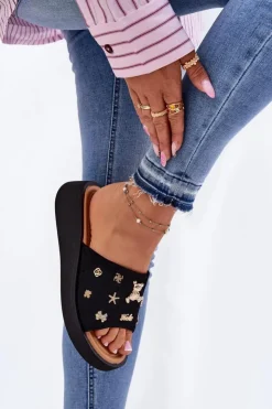 Buty damskie Vinceza Zamszowe Klapki Damskie Z Przypinkami Vinceza 66741 Czarne Czarny