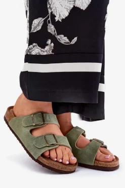 Best Big Star Shoes Zamszowe Klapki Damskie Z Klamrami Big Star RR274A393 Zielone Zielony