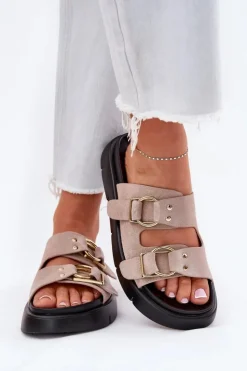 Clearance Big Star Shoes Zamszowe Klapki Damskie Z Ozdobnymi Klamrami Big Star RR274659 Jasnoróżowe Różowy