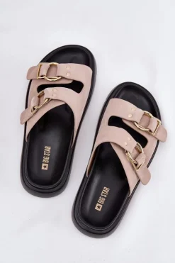 Clearance Big Star Shoes Zamszowe Klapki Damskie Z Ozdobnymi Klamrami Big Star RR274659 Jasnoróżowe Różowy