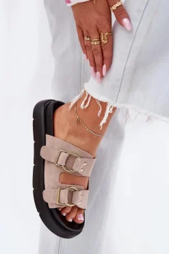 Clearance Big Star Shoes Zamszowe Klapki Damskie Z Ozdobnymi Klamrami Big Star RR274659 Jasnoróżowe Różowy