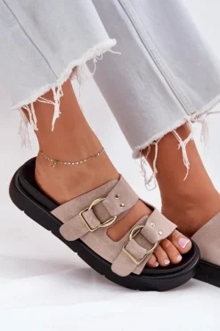 Clearance Big Star Shoes Zamszowe Klapki Damskie Z Ozdobnymi Klamrami Big Star RR274659 Jasnoróżowe Różowy