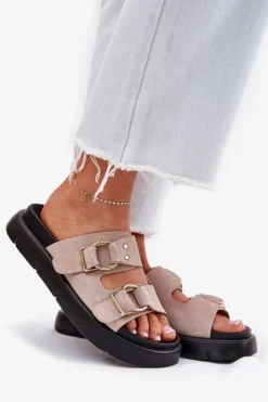 Clearance Big Star Shoes Zamszowe Klapki Damskie Z Ozdobnymi Klamrami Big Star RR274659 Jasnoróżowe Różowy