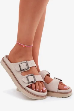 D.Franklin Klapki Damskie Klasyczne*Zamszowe Klapki Damskie Z Klamrami DFSH405001 Beżowe Beżowy