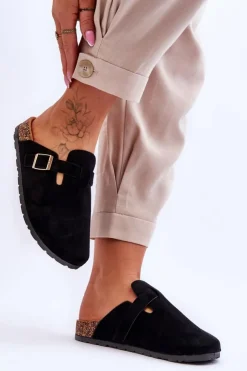 Damskie Boto Zamszowe Klapki Na Korkowej Platformie Czarne Vellma