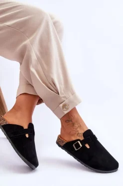 Damskie Boto Zamszowe Klapki Na Korkowej Platformie Czarne Vellma