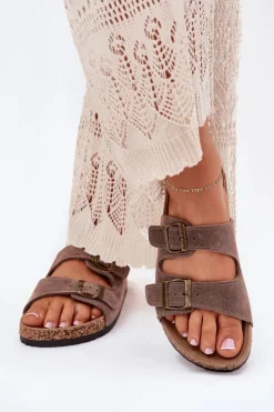 New Boto Zamszowe Klapki Na Korkowej Podeszwie Z Klamrami Ciemnobeżowe Tavira