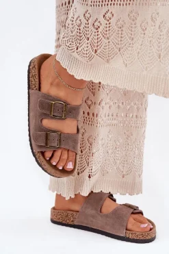 New Boto Zamszowe Klapki Na Korkowej Podeszwie Z Klamrami Ciemnobeżowe Tavira