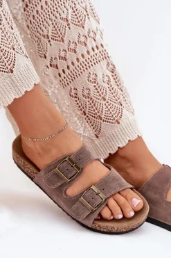 New Boto Zamszowe Klapki Na Korkowej Podeszwie Z Klamrami Ciemnobeżowe Tavira