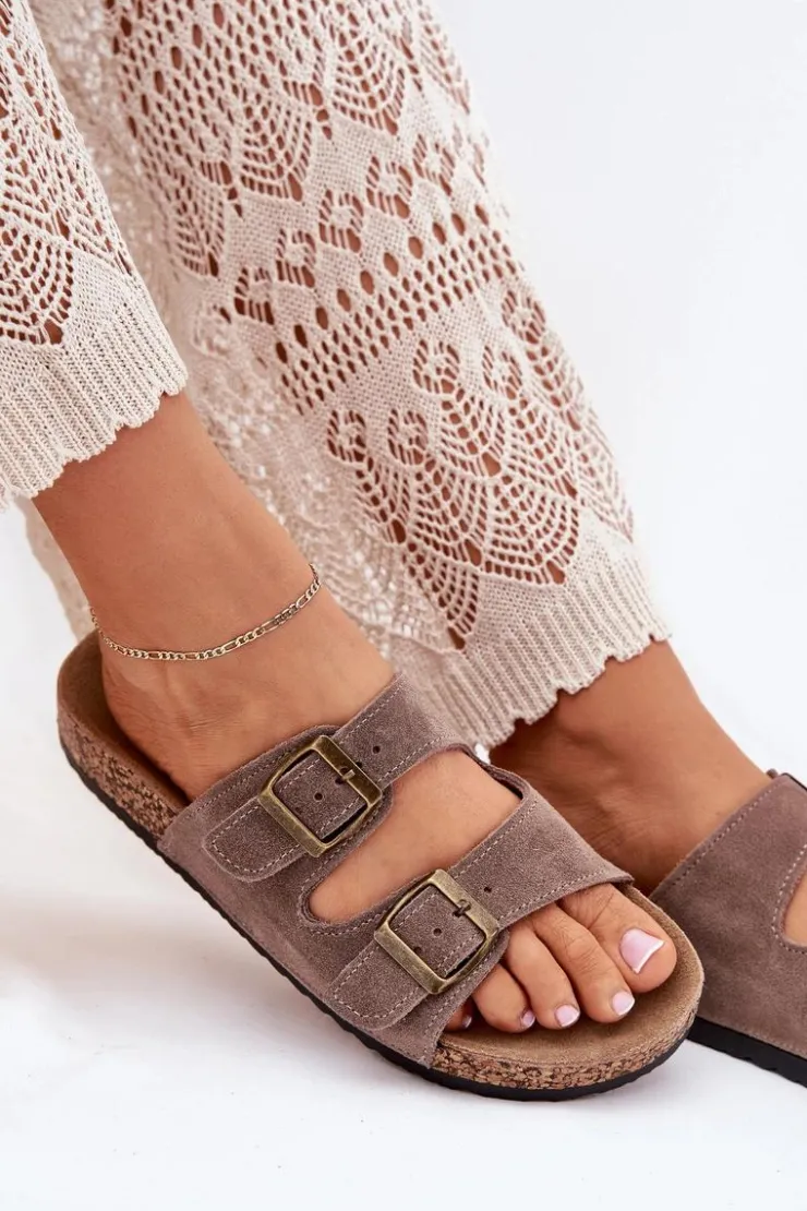 New Boto Zamszowe Klapki Na Korkowej Podeszwie Z Klamrami Ciemnobeżowe Tavira