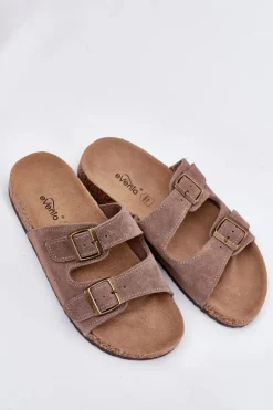 New Boto Zamszowe Klapki Na Korkowej Podeszwie Z Klamrami Ciemnobeżowe Tavira