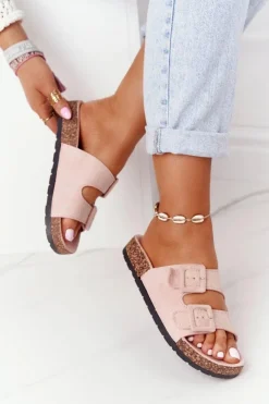 Damskie Boto Zamszowe Klapki Na Korkowej Podeszwie Jasnoróżowe Jennifer