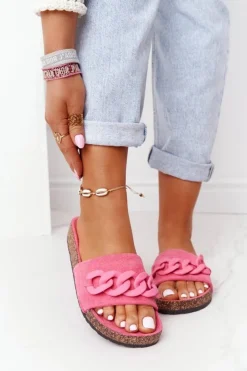 Damskie Boto Zamszowe Klapki Na Korkowej Podeszwie Różowe Makayla