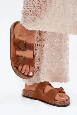 Boto Klapki Korkowe|Klapki Na Platformie*Zamszowe Klapki Na Korkowej Podeszwie Z Klamrami Camel Tavira