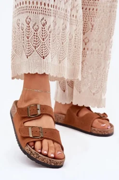 Boto Klapki Korkowe|Klapki Na Platformie*Zamszowe Klapki Na Korkowej Podeszwie Z Klamrami Camel Tavira