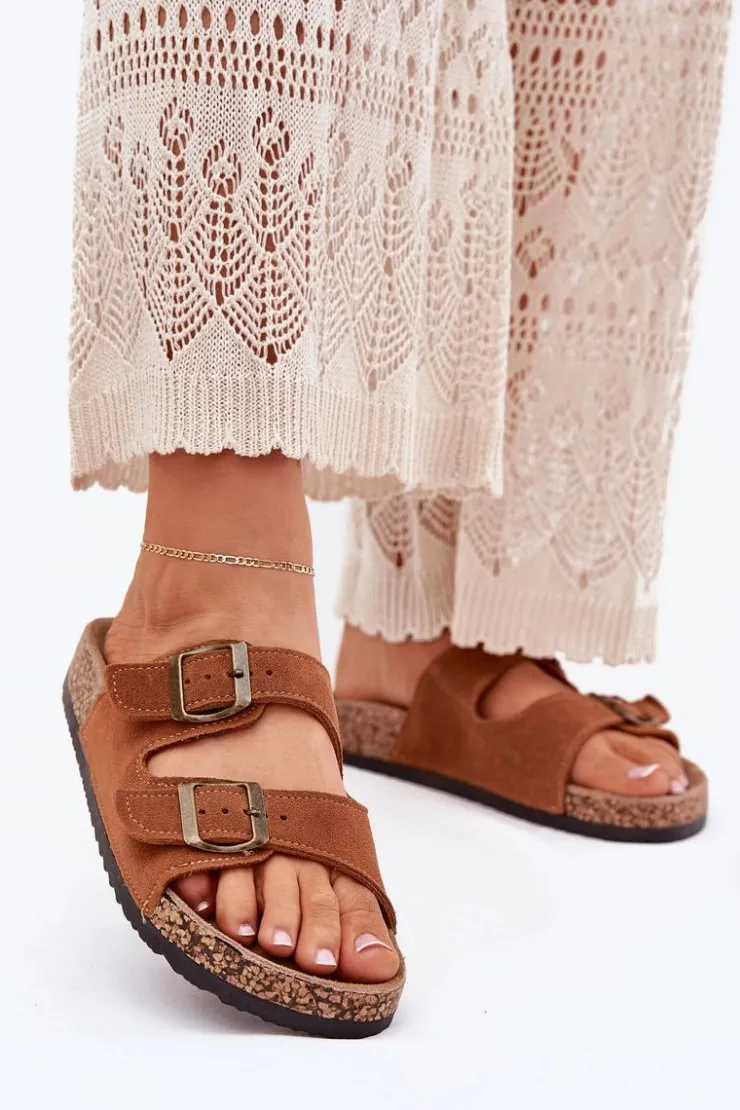 Boto Klapki Korkowe|Klapki Na Platformie*Zamszowe Klapki Na Korkowej Podeszwie Z Klamrami Camel Tavira