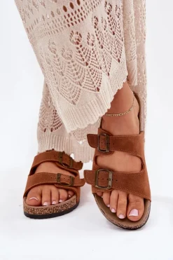 Boto Klapki Korkowe|Klapki Na Platformie*Zamszowe Klapki Na Korkowej Podeszwie Z Klamrami Camel Tavira