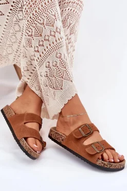 Boto Klapki Korkowe|Klapki Na Platformie*Zamszowe Klapki Na Korkowej Podeszwie Z Klamrami Camel Tavira