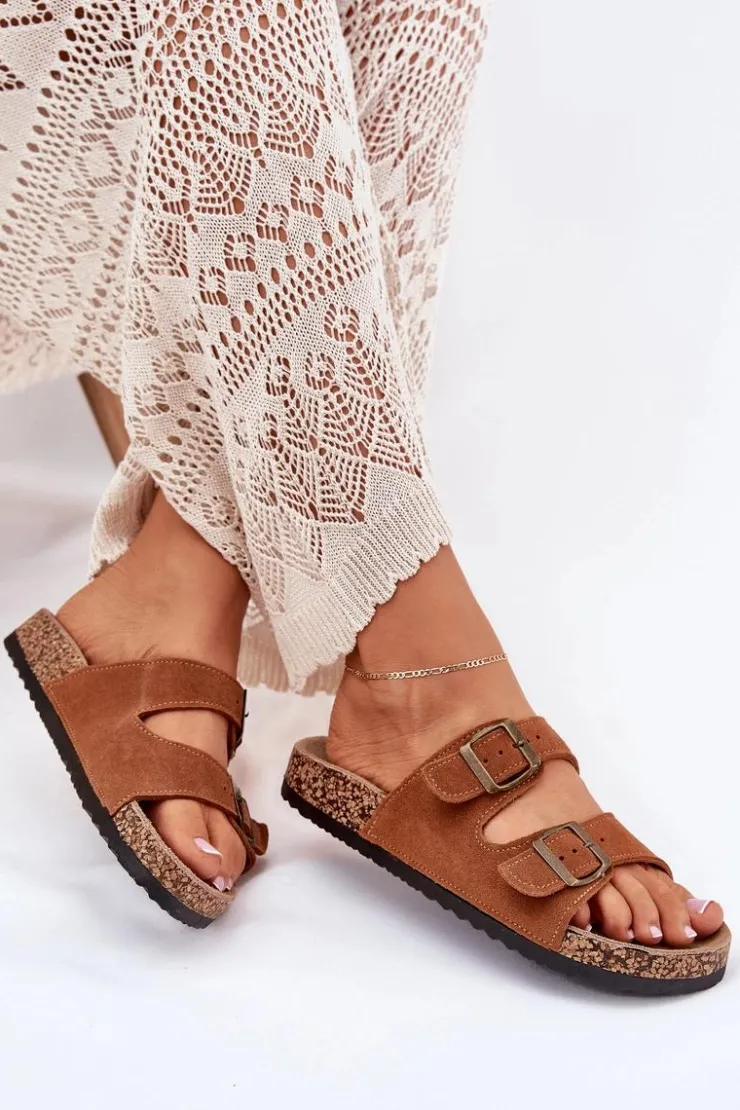 Boto Klapki Korkowe|Klapki Na Platformie*Zamszowe Klapki Na Korkowej Podeszwie Z Klamrami Camel Tavira